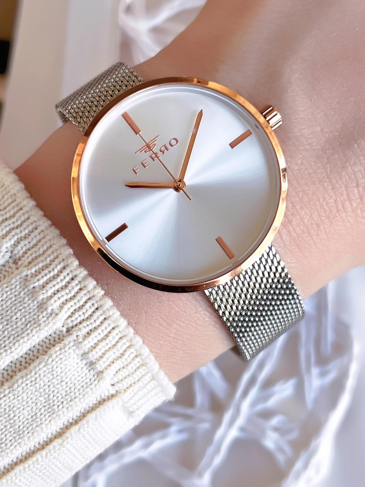 Ferro F21232CWT-E 36 mm Gri Çelik-Hasır Kordon Analog Kadın Kol Saati