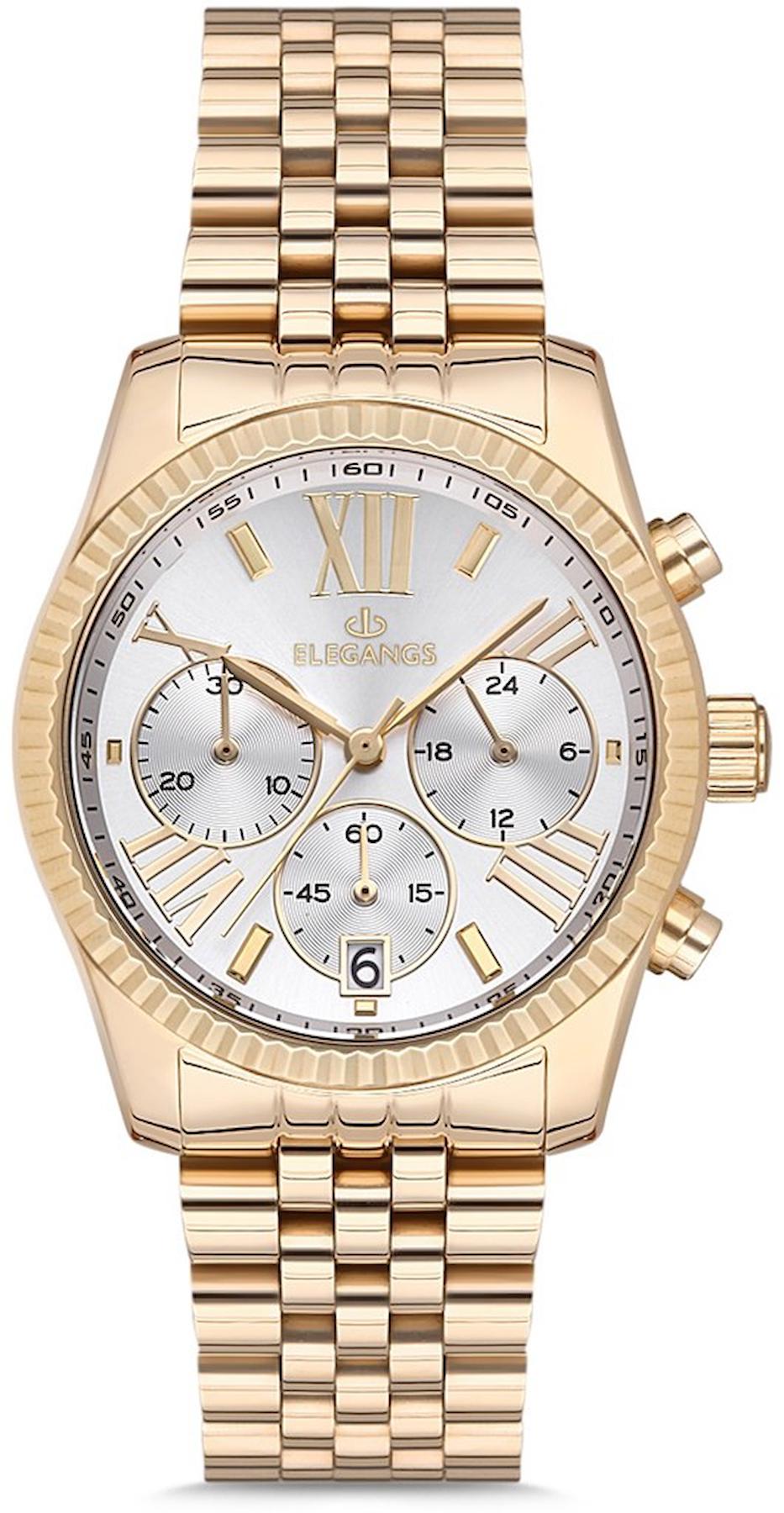 Elegangs EL2436.2 Takvimli 38 mm Altın Çelik Kordon Analog Kadın Kol Saati