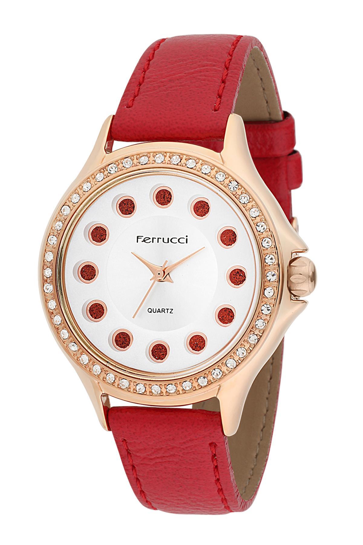 Ferrucci 8FK520 38 mm Kırmızı Deri Kordon Analog Kadın Kol Saati
