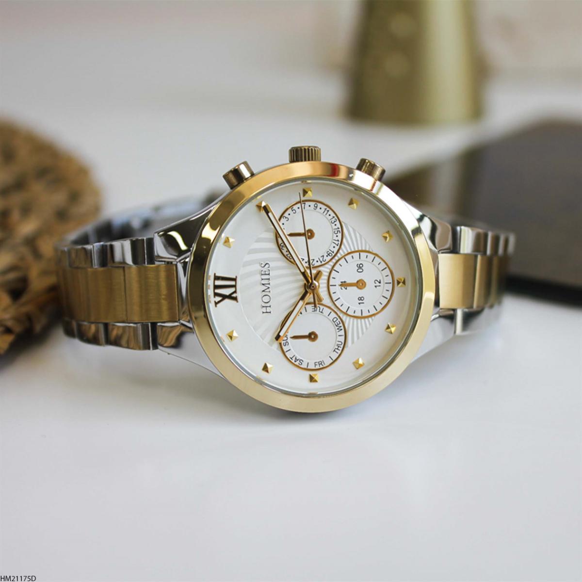 Homies HM21175D Takvimli 35 mm Altın-Gri Metal Kordon Analog Kadın Kol Saati