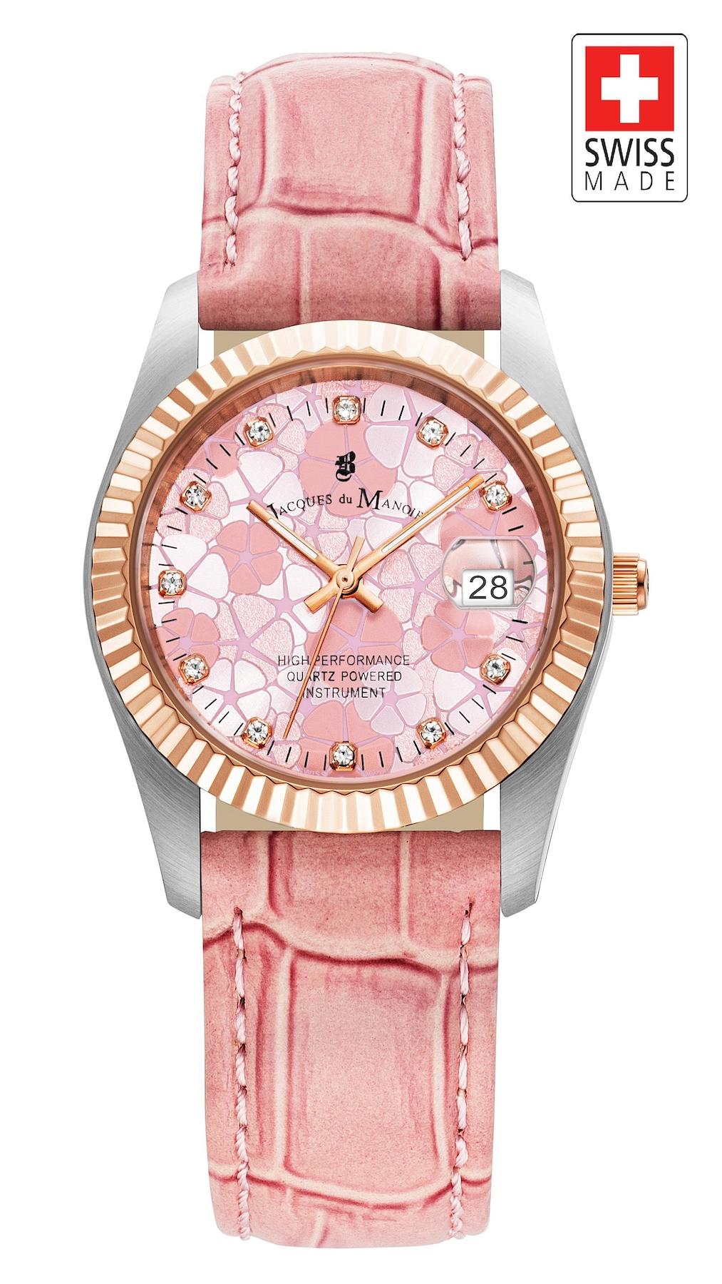 Jacques Du Manoir JWL02608 Takvimli 34 mm Pembe Deri Kordon Analog Kadın Kol Saati