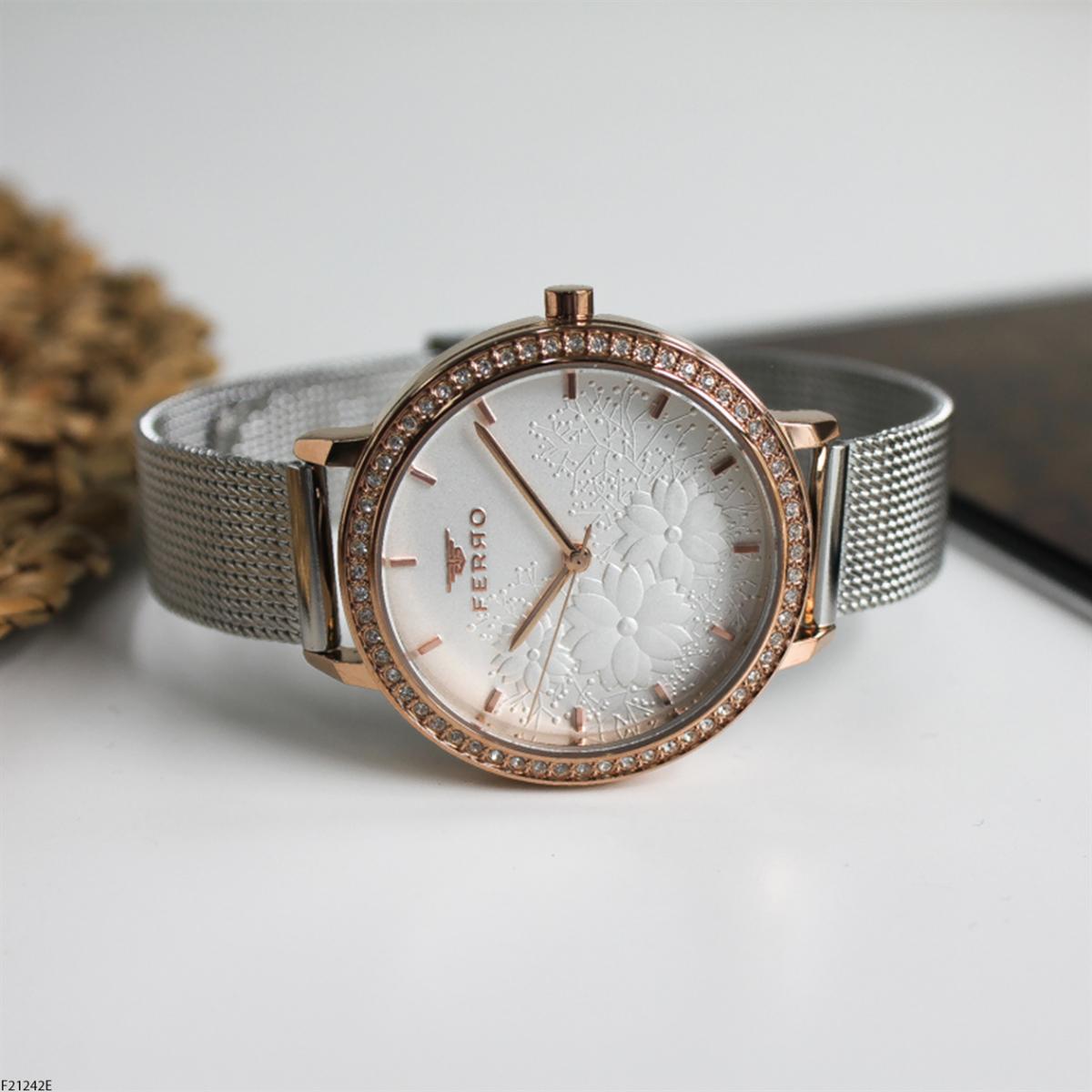 Ferro F21242E 36 mm Gri Metal Kordon Analog Kadın Kol Saati
