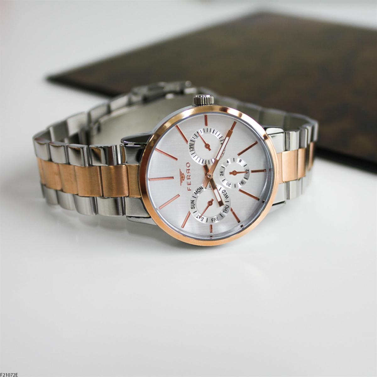 Ferro F21072E Takvimli 36 mm Gri-Rose Gold Metal Kordon Analog Kadın Kol Saati