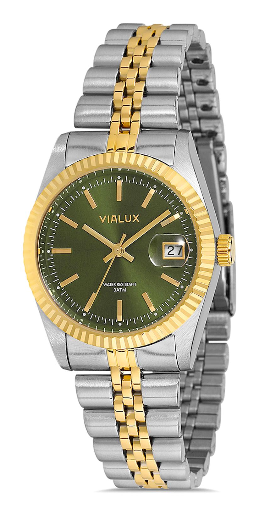 Vialux LJ534T-15SG Takvimli 40 mm Altın-Gri Çelik Kordon Analog Kadın Kol Saati