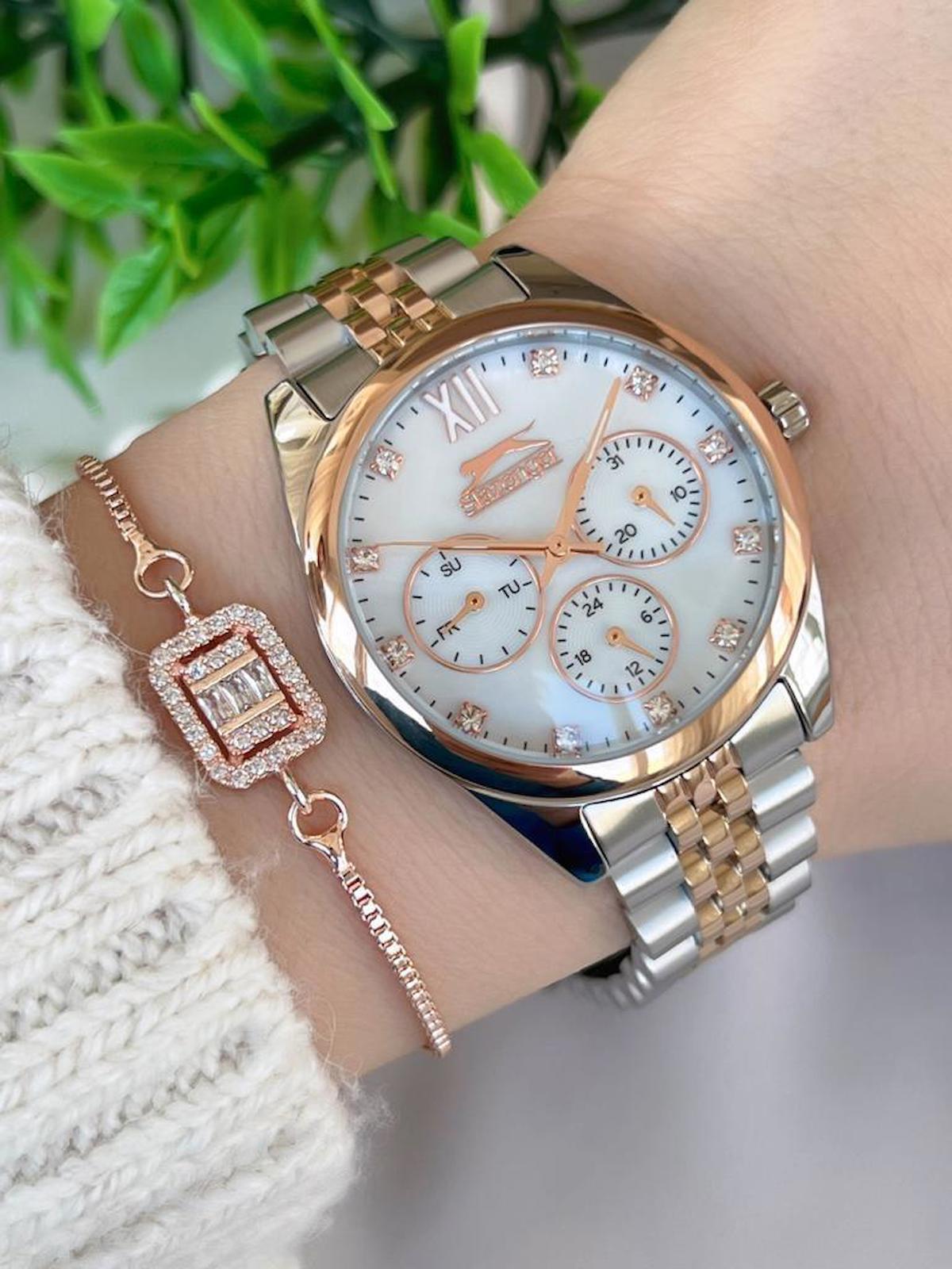 Slazenger SL.09.1990.4.01 Takvimli 36 mm Gri-Rose Gold Çelik Kordon Analog Kadın Kol Saati