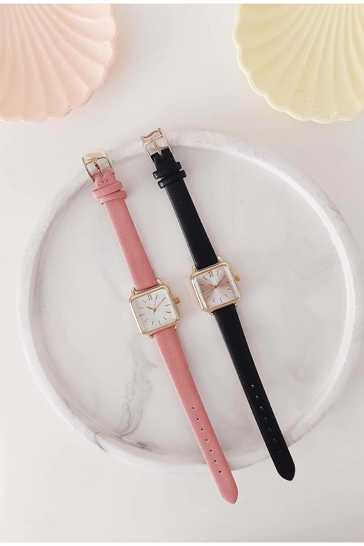 Storeay STA-084 20-25 mm Pembe-Siyah Deri Kordon Analog Kadın Kol Saati