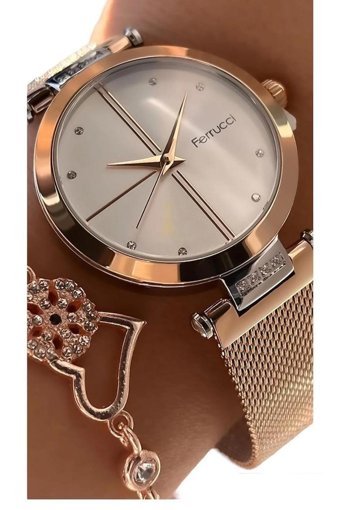 Ferrucci 36 mm Gri Çelik-Hasır Kordon Analog Kadın Kol Saati