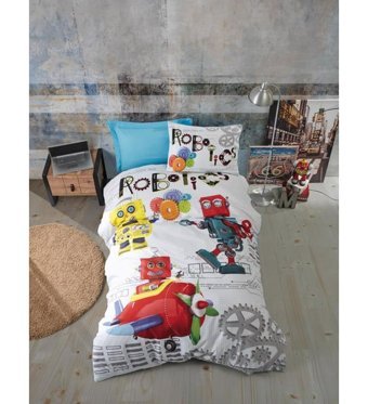 Cotton Box Junior Pamuk-Ranforce 160x220 cm Çarşaflı Robot Tek Kişilik Nevresim Takımı Çok Renkli