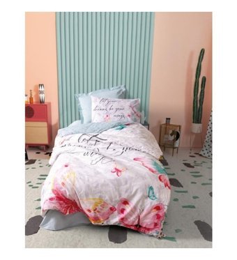 Cotton Box Wings Ranforce 160x220 cm Çarşaflı Kelebek Desenli Tek Kişilik Nevresim Takımı Mint