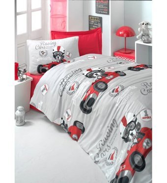 Komfort Home Genç Pamuk-Ranforce 160x220 cm Çarşaflı Racing Cars Tek Kişilik Nevresim Takımı Gri-Kırmızı