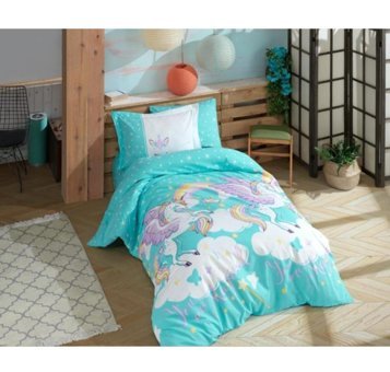 Hobby Magical Aqua Poplin 160x220 cm Çarşaflı Unicorn Tek Kişilik Nevresim Takımı Turkuaz