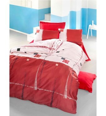 Komfort Home Nil Ranforce 160x220 cm Çarşaflı Geometrik Tek Kişilik Nevresim Takımı Kırmızı