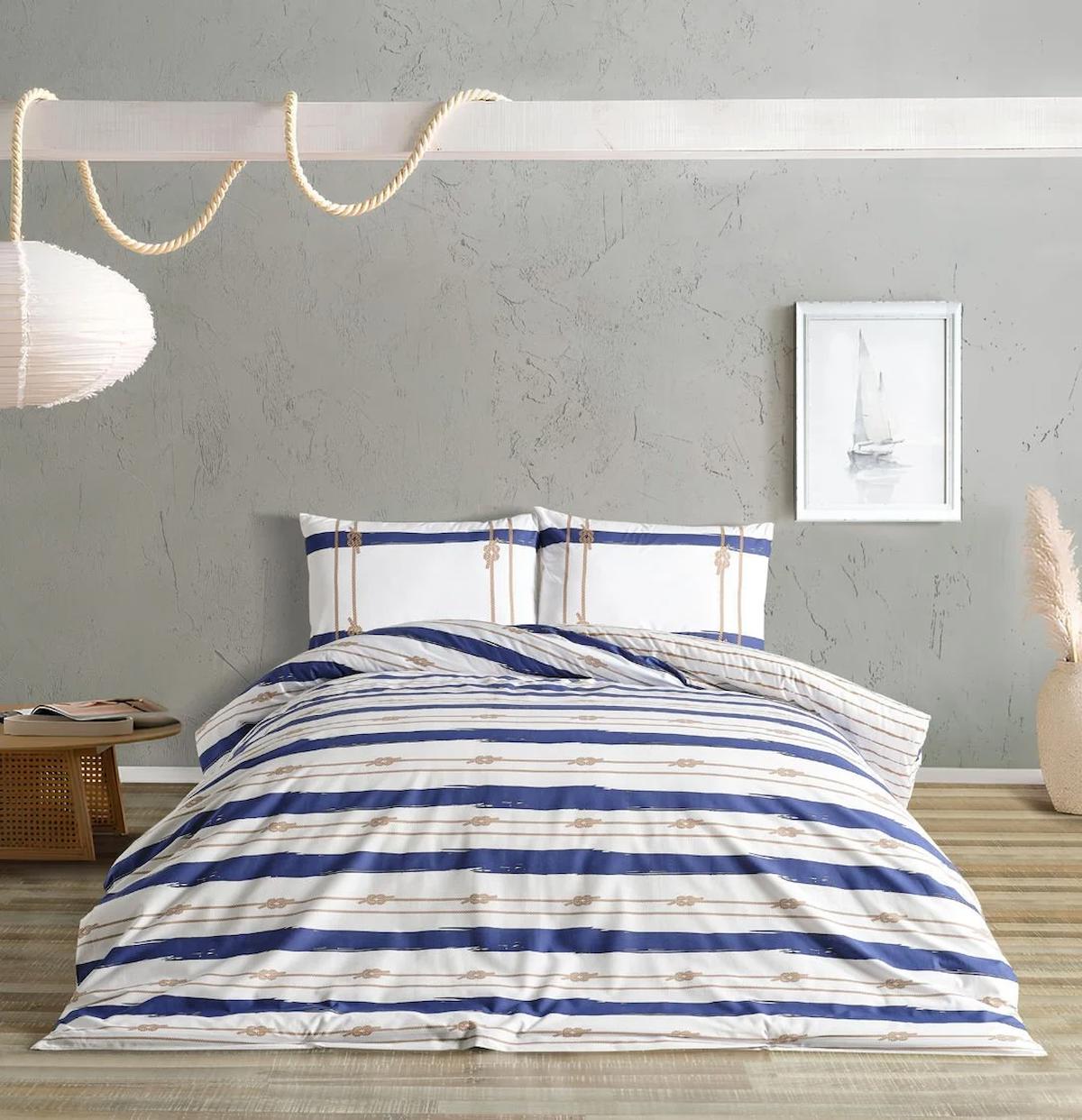 Doqu Home Marine Serene Pamuk 160x220 cm Lastikli Çarşaflı Çizgili Tek Kişilik Nevresim Takımı Beyaz