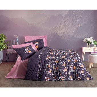 Cotton Box Feminen Alessa Pamuk 160x220 cm Çarşaflı Çiçek Tek Kişilik Nevresim Takımı Pembe-Mor