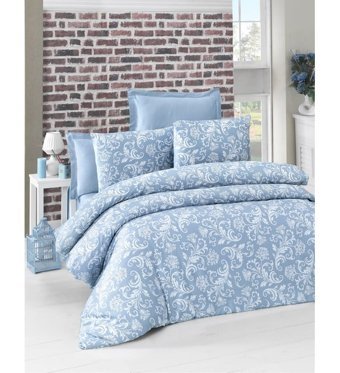 Komfort Deluxe Pamuk Saten 160x220 cm Çarşaflı Çiçekli Tek Kişilik Nevresim Takımı Mavi