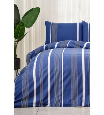 Doqu Home Marine Pamuk 160x220 cm Lastikli Çarşaflı Çizgili Tek Kişilik Nevresim Takımı Lacivert