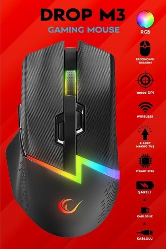 Rampage Drop RGB Makrolu Kablolu - Kablosuz Siyah Optik Gaming Mouse