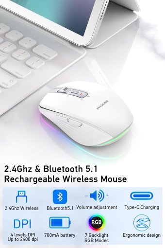 Cankypu RGB Ergonomik Kablosuz Beyaz Optik Mouse