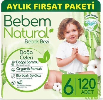 Bebem Natural Aylık Fırsat Paketi 6 Numara Organik Bantlı Bebek Bezi 120 adet