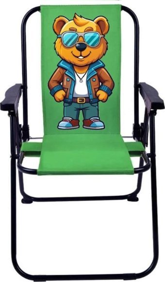 Exent Gözlüklü Maskot Ayı Katlanır Kolçaklı Yeşil Çocuk Tekli Kamp Sandalyesi