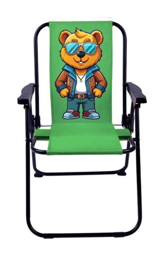 Exent Gözlüklü Maskot Ayı Katlanır Kolçaklı Yeşil Çocuk Tekli Kamp Sandalyesi