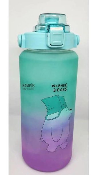 Taros Ayı Figürlü Pipetli Yeşil-Mor Plastik Okul Çocuk Suluk 2 lt