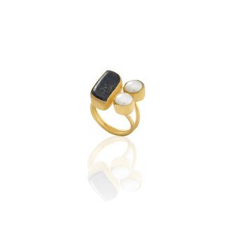 Kadir Jewelry Antrasit - Beyaz İnci Taşlı Tekli Pirinç Yüzük