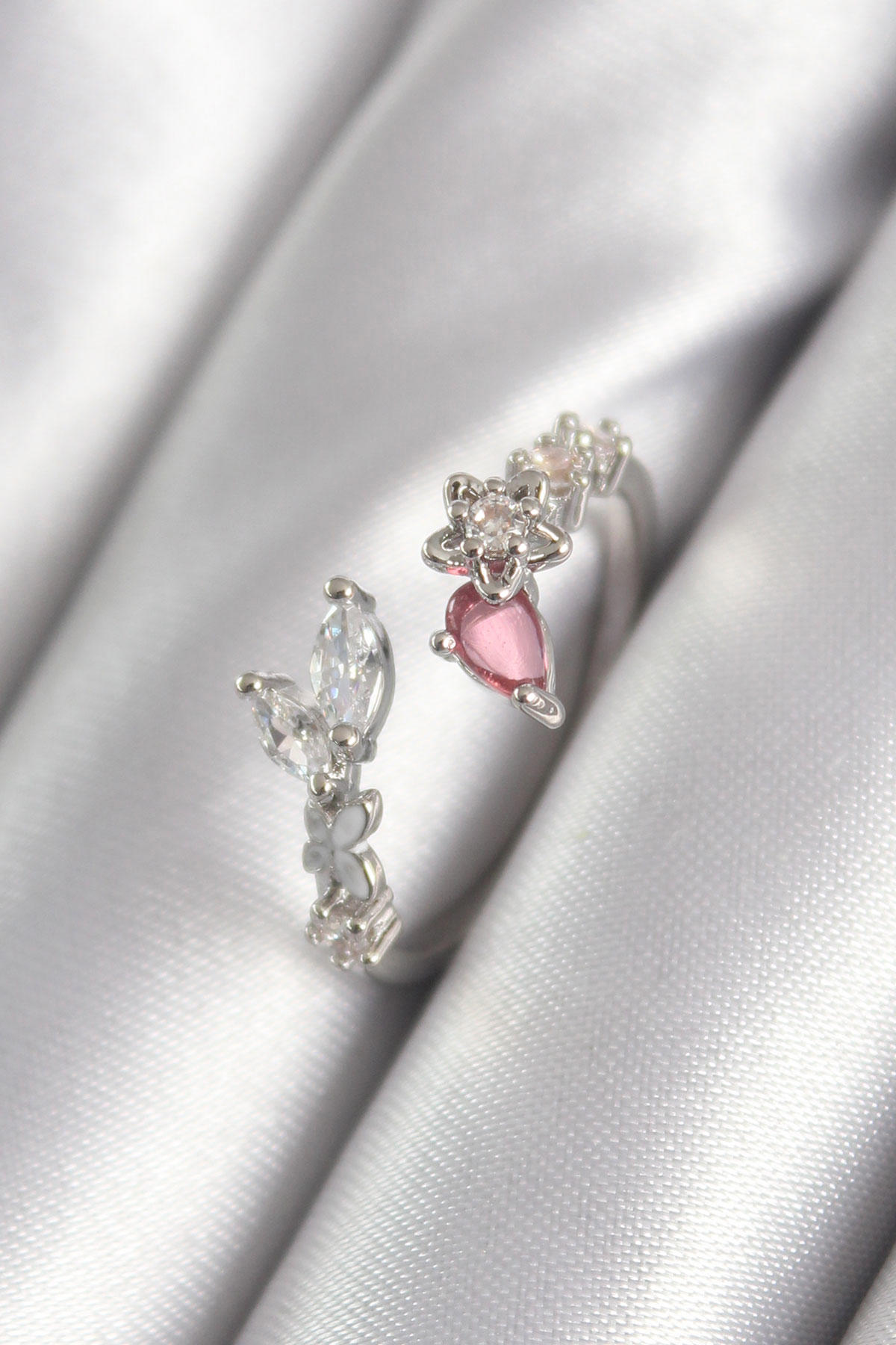 Reka Moda Beyaz-Pembe Zirkon Taşlı Ay Yıldızlı Ayarlanabilir Tekli Pirinç Yüzük