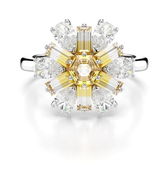 Swarovski Beyaz - Sarı Tekli Rodyum Yüzük