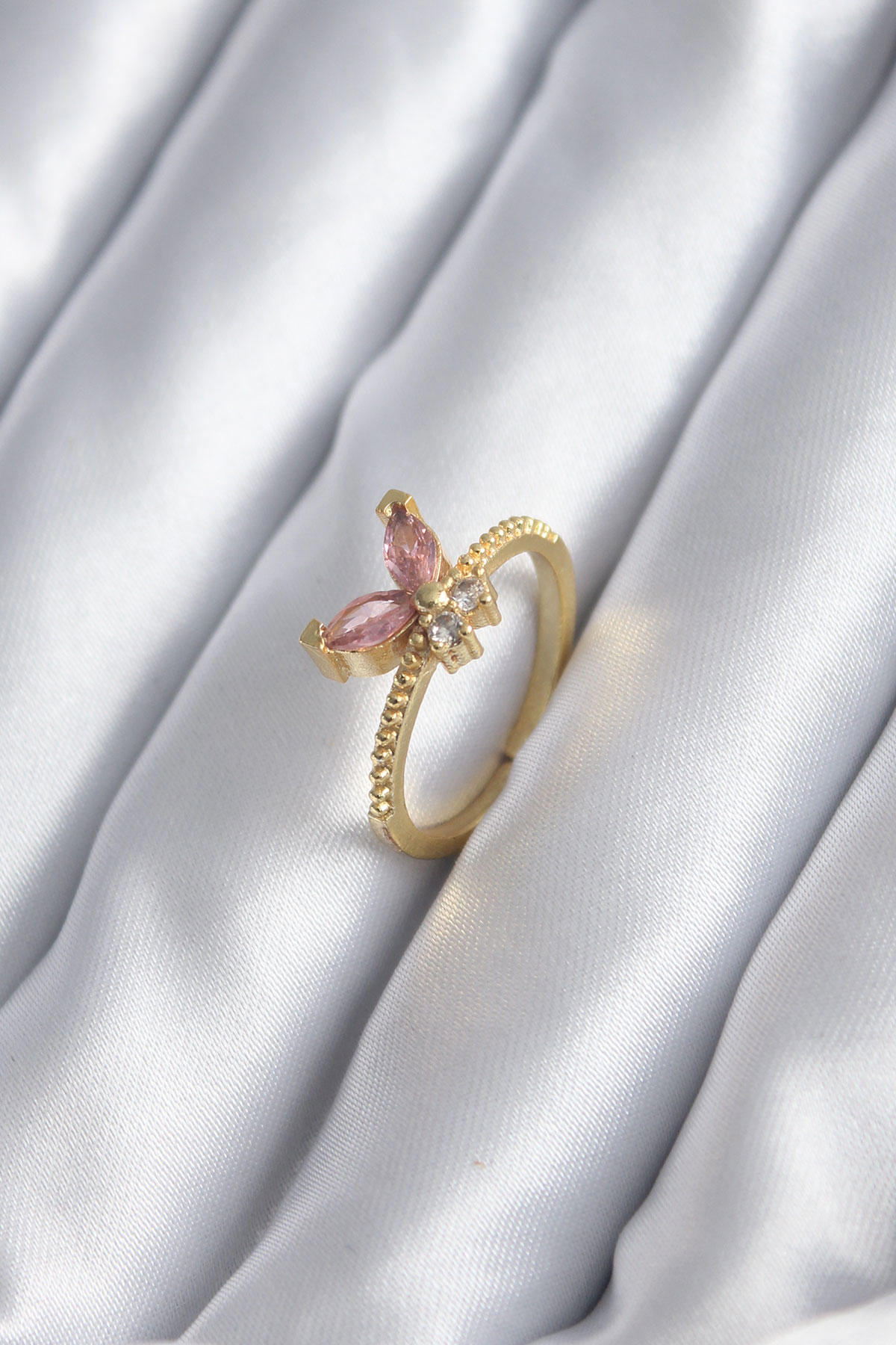 Reka Moda Pembe Zirkon Taşlı Kelebekli Ayarlanabilir Tekli Metal Yüzük
