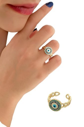 Çlk Accessories Beyaz-Mavi İnci Taşlı Nazar Boncuklu Ayarlanabilir Tekli Pirinç Yüzük