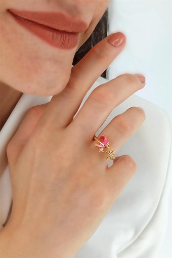 Çlk Accessories Pembe Ayarlanabilir Tekli Pirinç Yüzük