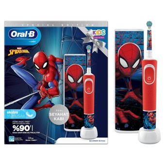 Oral-b D100 Vitality Spider Man Işıklı Kapaklı Yumuşak Şarjlı Çocuk Diş Fırçası Kırmızı