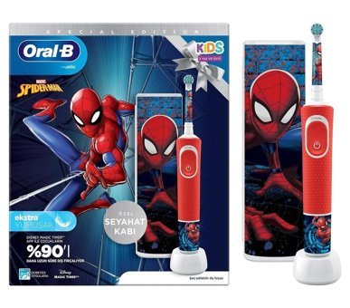 Oral-b D100 Vitality Spider Man Işıklı Kapaklı Yumuşak Şarjlı Çocuk Diş Fırçası Kırmızı