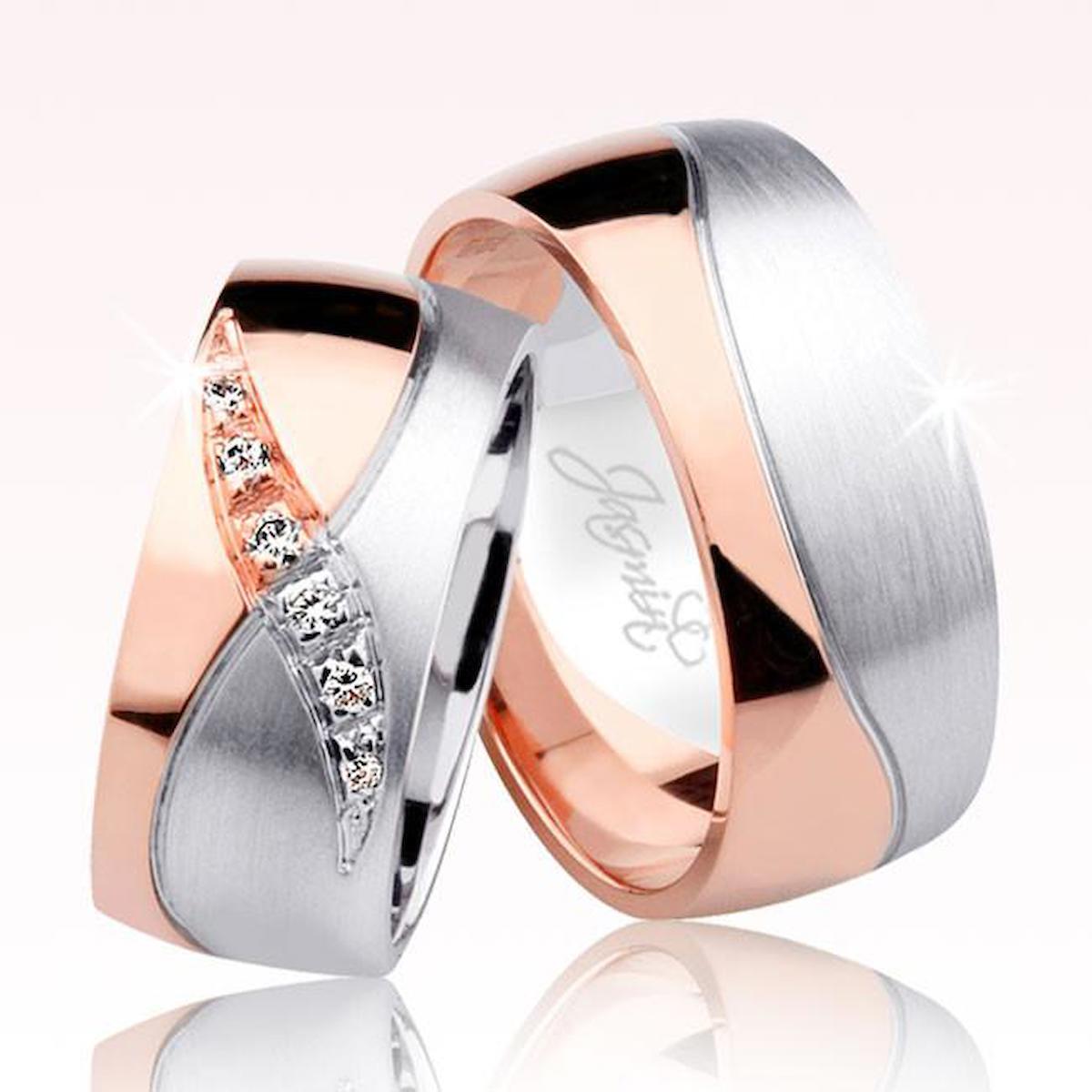 Harem Altın Beyaz Taşlı Bombeli 14 Ayar Beyaz Rose Gold Altın Kadın Çift Alyans
