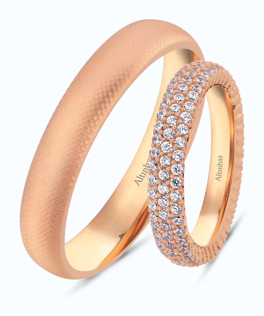 Altınbaş Beyaz Taşlı 14 Ayar Rose Gold Altın Kadın Çift Alyans