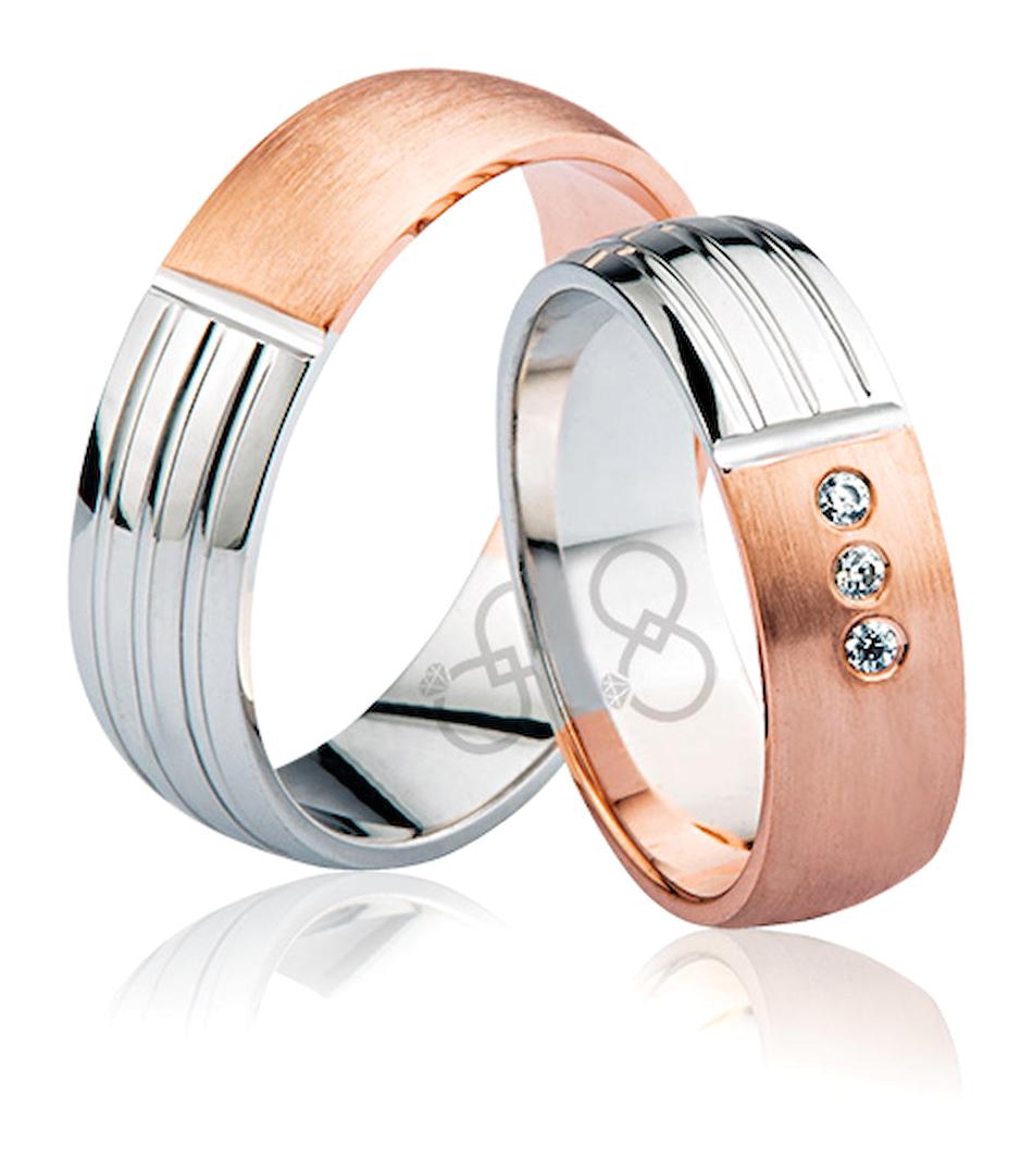 Harem Altın Beyaz Taşlı Çizgili 14 Ayar Beyaz Rose Gold Kadın Çift Alyans