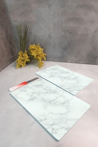 Decorita Cam Büyük-Orta Antibakteriyel Beyaz 2'li Kesme Tahtası