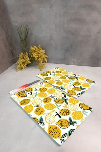 Decorita Cam Orta-Küçük Antibakteriyel Beyaz-Sarı 2'li Kesme Tahtası