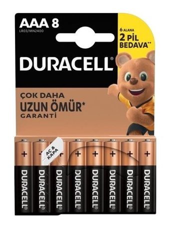 Duracell LR03 9 V Alkalin AAA / İnce Kalem Şarjlı Pil 8'li