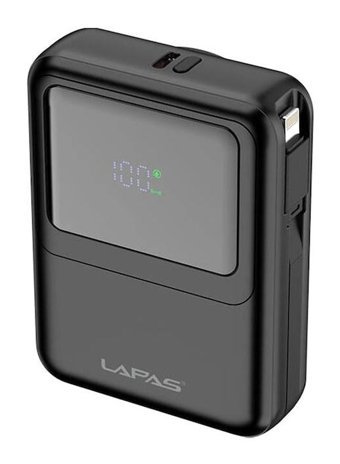 Lapas LP-PW002 10000 mAh Hızlı Şarj Dijital Göstergeli Lightning & Type C Çoklu Bağlantı Kablolu Powerbank Siyah