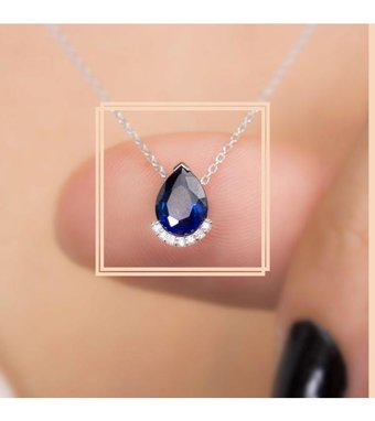 Venta Pırlanta 1.65 Karat Damla-Yuvarlak Kesim Safir Taşlı 14 Ayar Altın Pırlanta Kolye 42 Cm