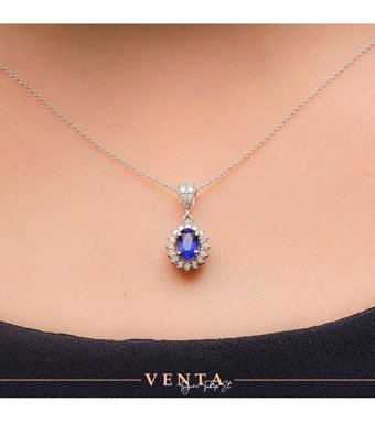 Venta Pırlanta 0.72 Karat Oval - Yuvarlak Kesim Safir Taşlı 14 Ayar Altın Pırlanta Kolye
