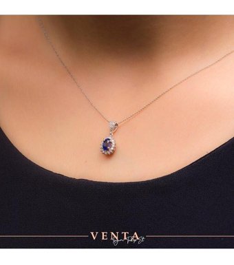 Venta Pırlanta 0.72 Karat Oval - Yuvarlak Kesim Safir Taşlı 14 Ayar Altın Pırlanta Kolye