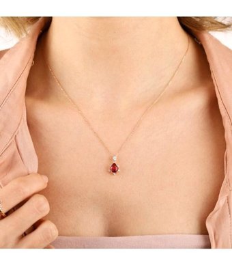 Sembol Gold 1.13 Karat Oval Kesim Ruby Taşlı 14 Ayar Altın Pırlanta Kolye 45 Cm