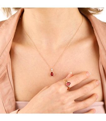 Sembol Gold 1.13 Karat Oval Kesim Ruby Taşlı 14 Ayar Altın Pırlanta Kolye 45 Cm