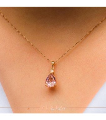 Venta Pırlanta 1.69 Karat Damla-Yuvarlak Kesim Morganit Taşlı 14 Ayar Altın Pırlanta Kolye 42 Cm