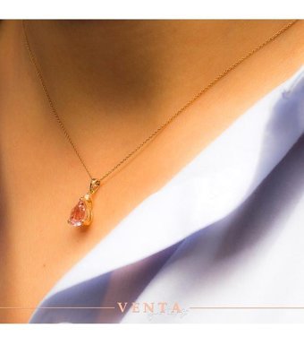 Venta Pırlanta 1.69 Karat Damla-Yuvarlak Kesim Morganit Taşlı 14 Ayar Altın Pırlanta Kolye 42 Cm