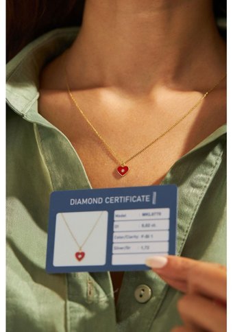 Nine Pırlanta 0.02 Karat Yuvarlak Kesim Taşlı 925 Ayar Gümüş Kalpli Pırlanta Kolye 45 Cm