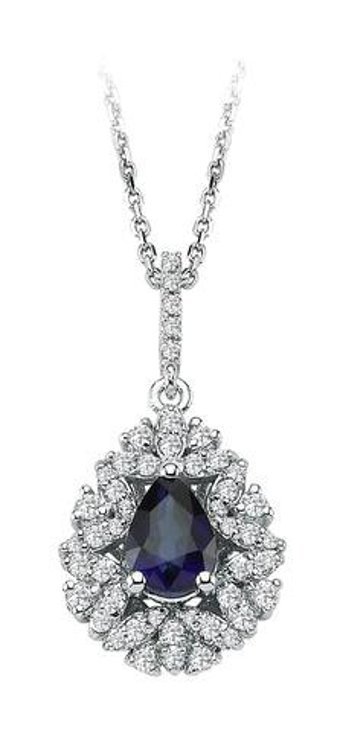 Sirius Pırlanta Damla-Yuvarlak Kesim Safir Taşlı 14 Ayar Altın Pırlanta Kolye 42 Cm